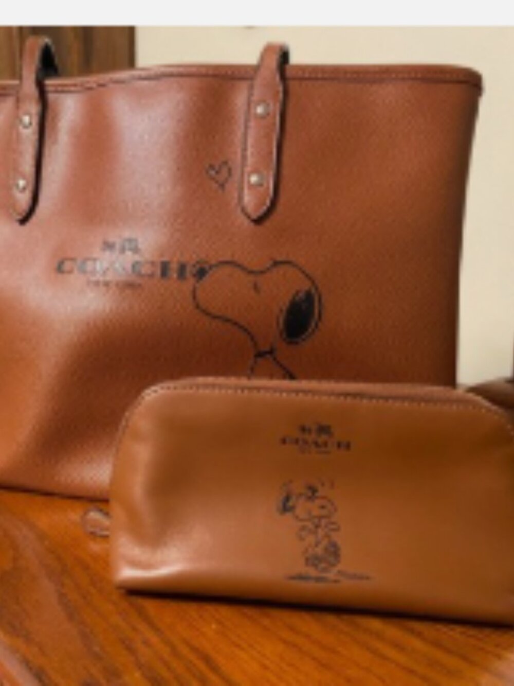COACH PEANUTS SADDLE LEATHER SNOOPY CITY ZIP TOTE WITH COSMETIC CASE